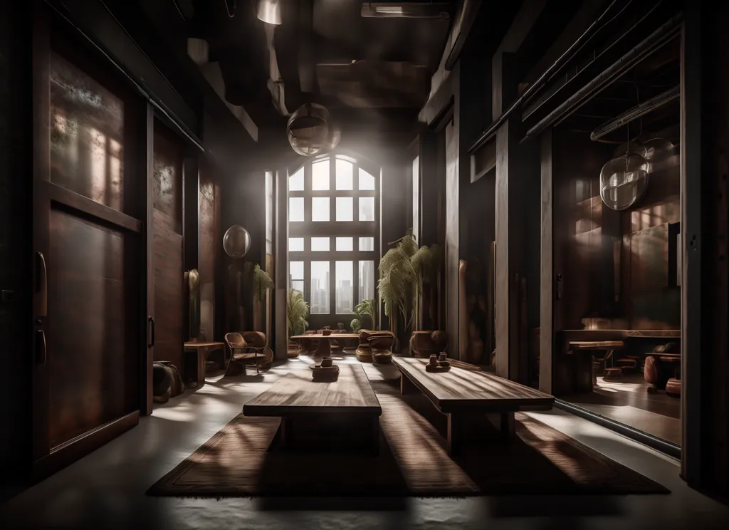 The image is a dark and moody interior of a modern industrial space. There are three large windows that let in a lot of light. The walls are made of dark wood and the ceiling is made of concrete. There is a large wooden table in the center of the room with several chairs around it. There are also some plants and other decorations in the room. The image is very atmospheric and has a real sense of mystery.