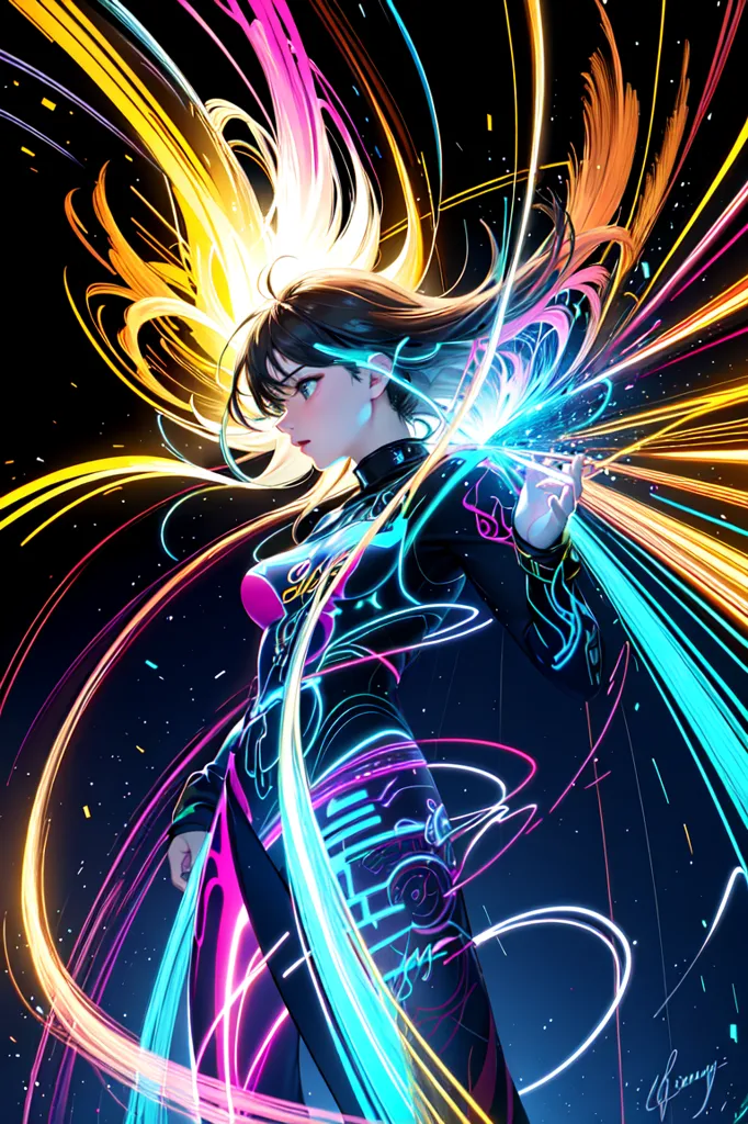 The image is a portrait of a young woman with long brown hair and purple eyes. She is wearing a black bodysuit with pink and blue highlights. She is standing in a dark blue void with her left hand outstretched. There are bright, colorful streaks of light surrounding her.