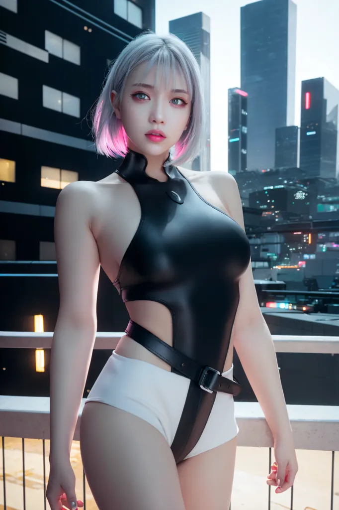 The image shows a young woman standing on a balcony in a futuristic city. She is wearing a black and white swimsuit with a high collar and a belt. Her hair is short and white, and her eyes are blue. She is looking at the view of the city. The city is full of tall buildings and bright lights. The image is rendered in a realistic style, and the woman's skin is smooth and flawless.