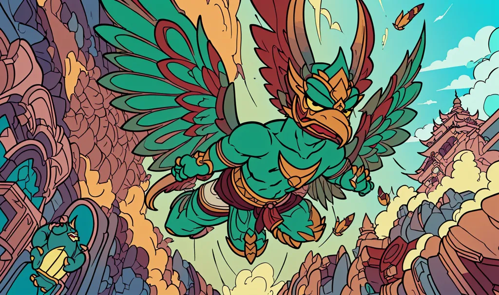 The image shows a green bird-like creature with red and yellow feathers on its head and wings. It is wearing a loincloth and has a determined expression on its face. The creature is flying through a canyon-like environment, with large rocks and buildings in the background. There are also several small, flying creatures in the background. The image is drawn in a cartoon style, and the colors are bright and vibrant.