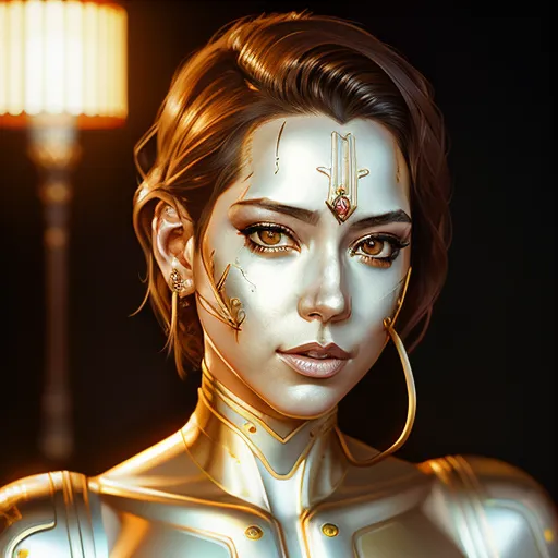 The image is a portrait of a beautiful woman with short brown hair and brown eyes. She is wearing a gold-colored metallic suit with intricate designs. There is a golden lamp beside her head, and she has a golden bindi on her forehead. She is looking at the viewer with a serene expression. The background is dark with a spotlight shining on her.