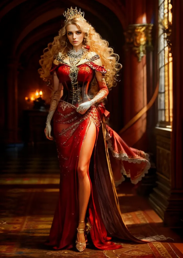 The image shows a woman wearing a red dress with a corset and a high slit, and a golden crown. She is standing in a hallway with a dark red carpet on the floor. There are candles on the walls and a large window in the background. The woman has long blonde hair and blue eyes, and she is wearing a necklace and earrings. She is also wearing high heels.