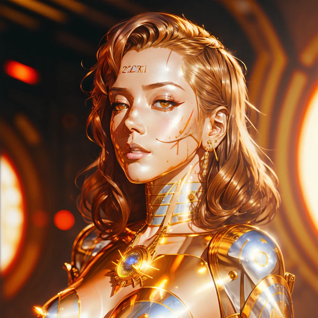 The image is a portrait of a beautiful woman with long, wavy brown hair. She has light gold skin and her eyes are a piercing yellow. She is wearing a golden breastplate with a blue gem in the center. The breastplate has intricate designs on it. She is also wearing a golden necklace and earrings. Her face is flawless and her lips are slightly parted. She has a confident expression on her face. The background is a blur of gold and light.