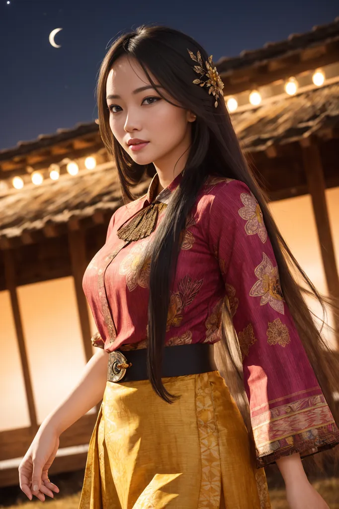 The image shows a young woman wearing a red and gold colored blouse with a black belt and a long yellow skirt. She has long black hair and a gold hairpiece. She is standing in front of a traditional-looking house with paper lanterns hanging from the eaves. There is a crescent moon in the night sky.