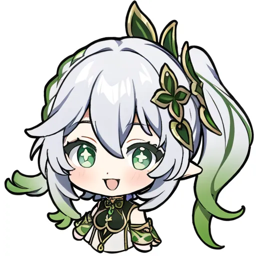 Изображение представляет собой чиби-персонажа из игры Genshin Impact. Персонаж - Нахида, маленький ребенок с длинными белыми волосами и зелеными глазами. Она одета в зелено-белый наряд с большой шляпой. На ее лице счастливое выражение, и она держит в руке небольшое растение. Фон прозрачный.
