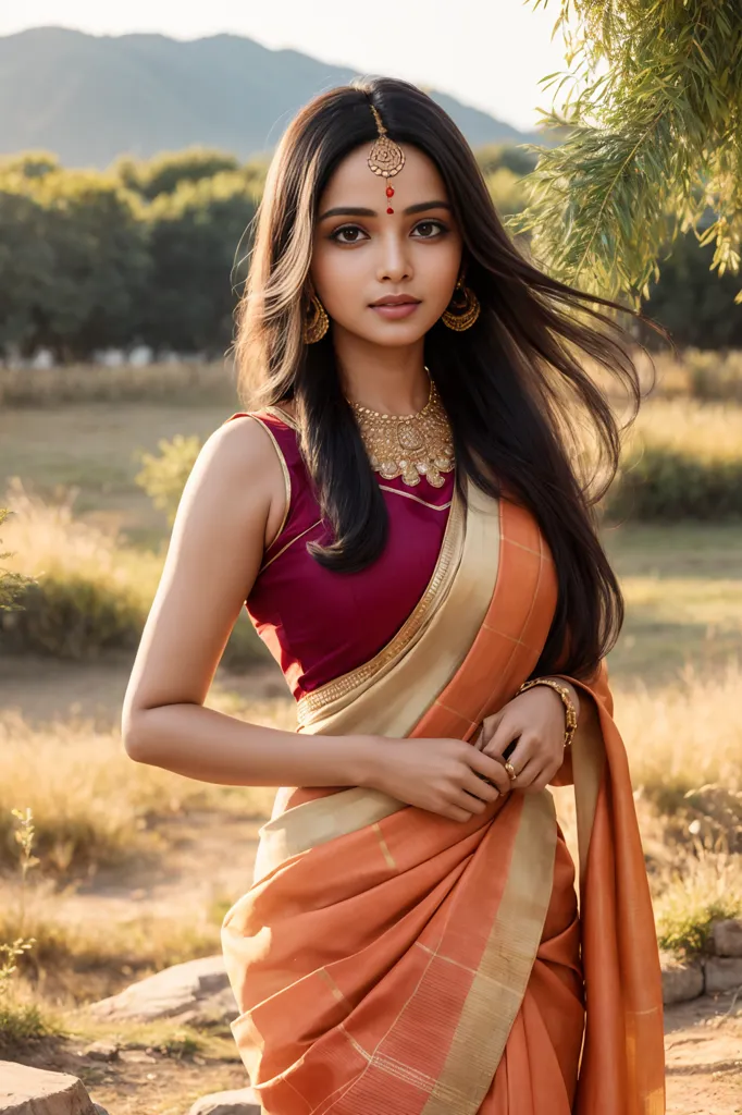 The image shows a young Indian woman wearing a traditional outfit. She is standing in a field, with trees and mountains in the background. The woman is wearing a maroon blouse and an orange and gold sari. She has a bindi on her forehead, earrings, and a necklace. Her hair is long and black, and she is wearing a red flower in her hair. The woman is looking at the camera with a slight smile on her face.