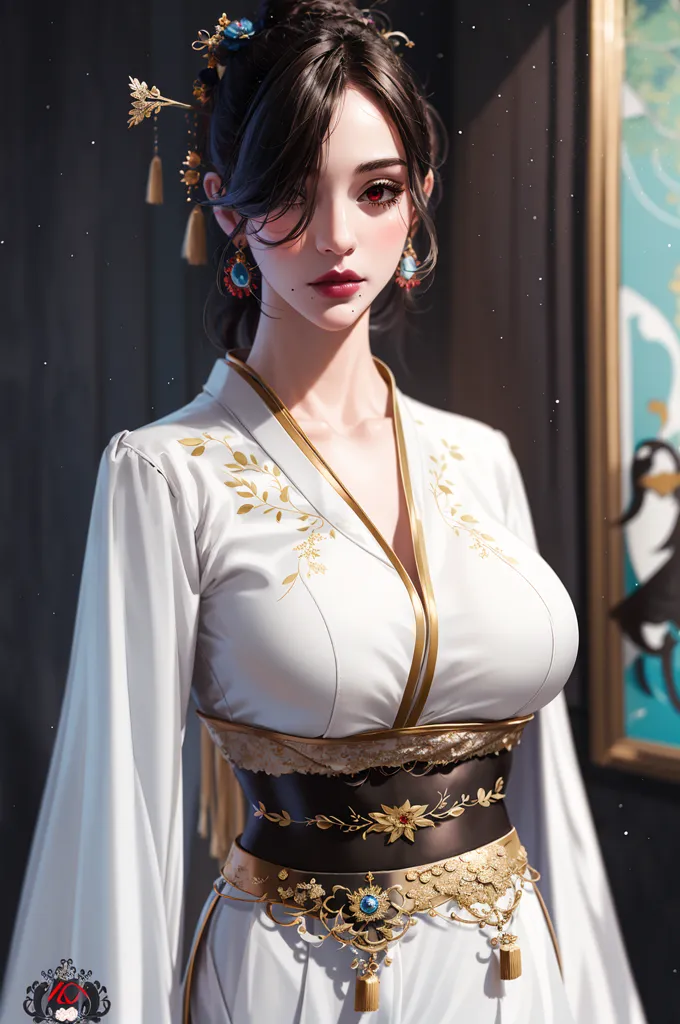 The image shows a young woman with long black hair and red eyes. She is wearing a white and gold hanfu with a wide belt and a long flowing skirt. The hanfu has intricate gold embroidery and a high collar. The woman's hair is pulled back into a bun and she is wearing traditional Chinese hair accessories. She is standing in front of a dark background with a painting of a bird on the right.