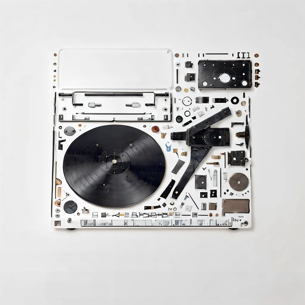 The image is a disassembled turntable. All the components of the turntable are laid out in an organized fashion. The turntable platter is in the center, and the tonearm is to the right of the platter. The motor is to the left of the platter. The dust cover is at the top of the image.