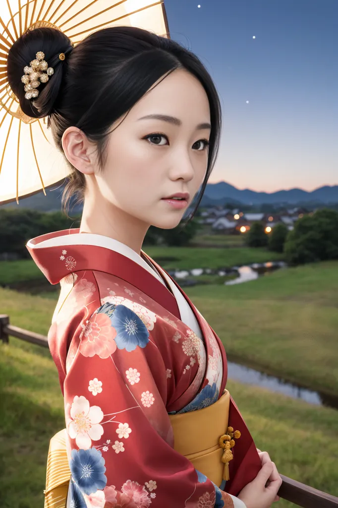 The picture shows a young woman wearing a kimono with a floral pattern. The kimono is red with white and blue flowers. The woman has long black hair and is wearing a traditional Japanese hairstyle with a large bun and an ornate hairpin. She is also wearing traditional Japanese makeup, with white foundation, red eyeshadow, and black eyeliner. The woman is standing in a field of grass with a river in the background. There is a village in the distance and a mountain range in the background. The sky is a gradient of orange and blue, indicating sunset.