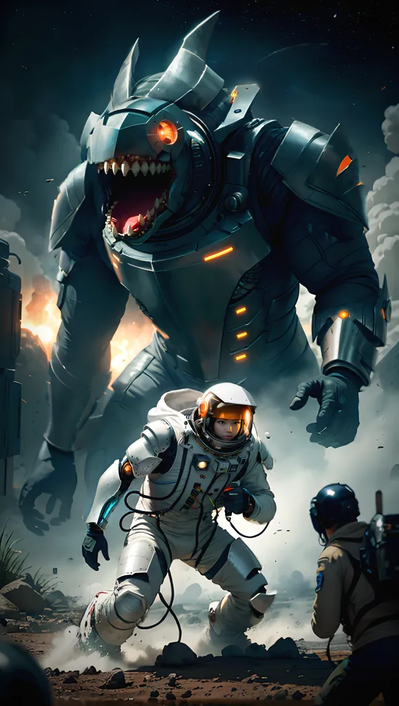 The image shows a scene from a science fiction movie. There is a giant alien monster in the background. It is standing on two legs and has a large, muscular body. Its head is covered in sharp teeth and it has a long, spiked tail. The monster is roaring at a group of humans who are running away from it. The humans are wearing space suits and carrying guns. In the foreground, there is a large spaceship that the humans are trying to reach. The spaceship is taking off. The image is full of action and suspense. It is clear that the humans are in danger and that they are fighting for their lives.