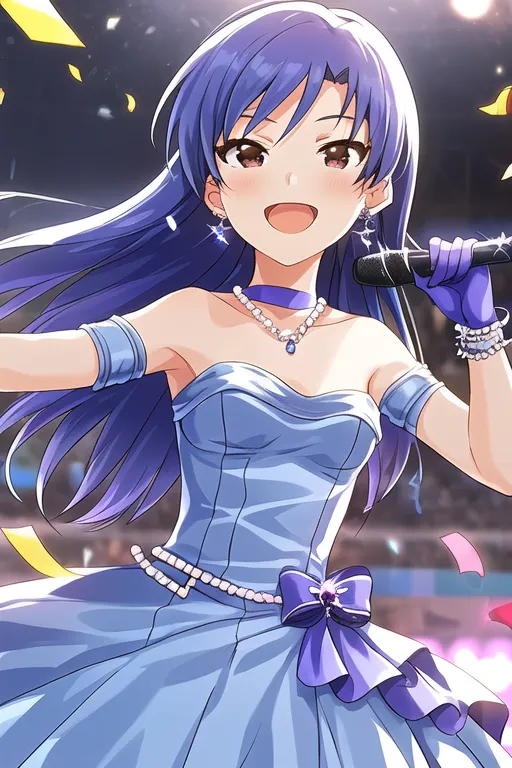 This is an illustration of a young girl with long blue hair and brown eyes. She is wearing a blue dress with a white and purple sash. She is also wearing a necklace and earrings. She is holding a microphone in her right hand and is smiling. She is standing on a stage with a spotlight shining on her. There are also colorful lights in the background.