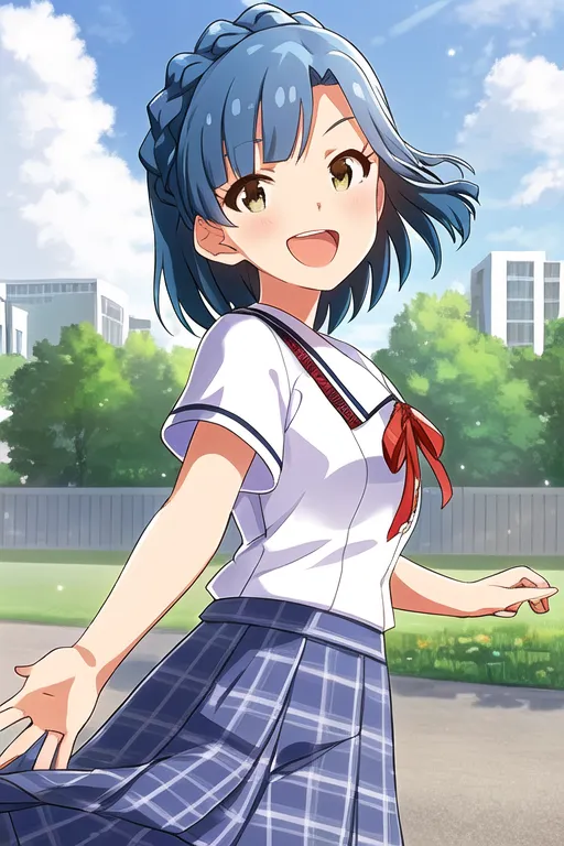 This is an image of a young girl with blue hair and yellow eyes. She is wearing a white shirt with a blue collar and a blue pleated skirt. She is also wearing a red bow tie. She is standing in a park and smiling. There are trees and buildings in the background. The sky is blue and there are some clouds in the sky.