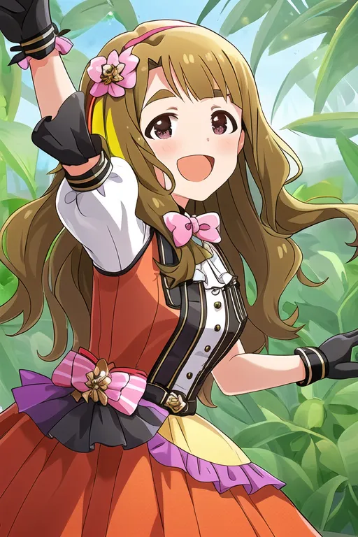 The image shows a young girl with long brown hair and brown eyes. She is wearing an orange and yellow outfit with a white collar and a pink bow. She has a flower in her hair and is wearing black gloves. She is standing in front of a lush green background with a bright smile on her face.