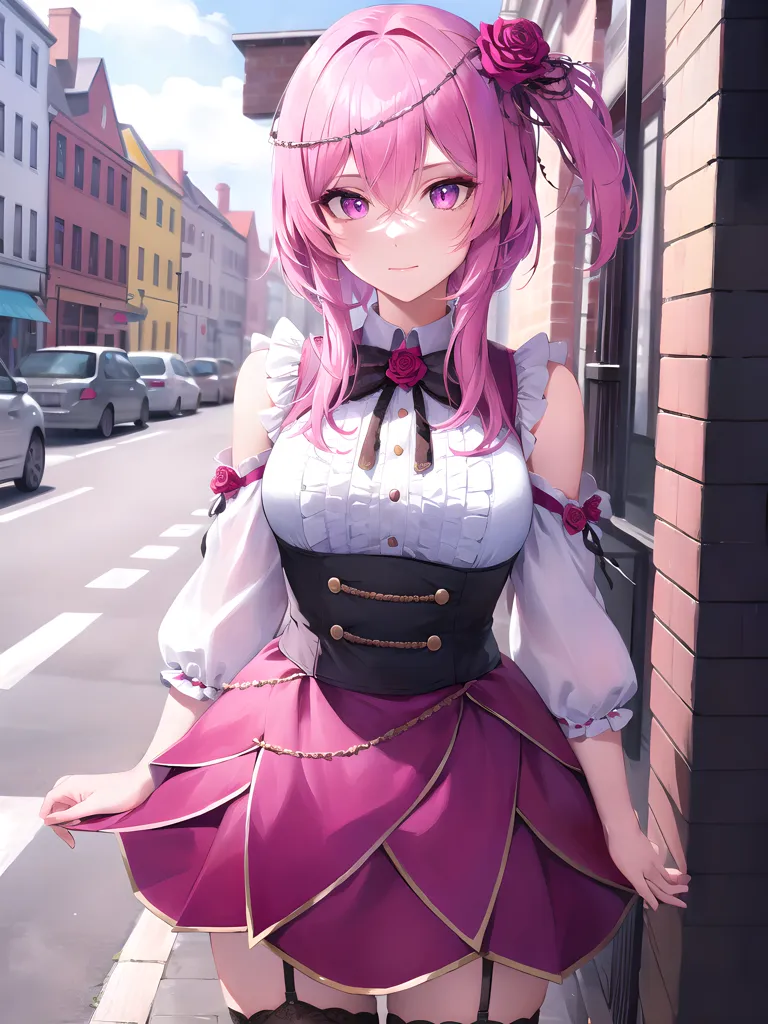 The image is of a young woman with pink hair and purple eyes. She is wearing a white blouse, a pink vest, and a pink skirt. She is also wearing a black choker with a pink rose on it. Her hair is styled in a ponytail with a pink rose at the end. She is standing in a European-style street with cars parked on the side.