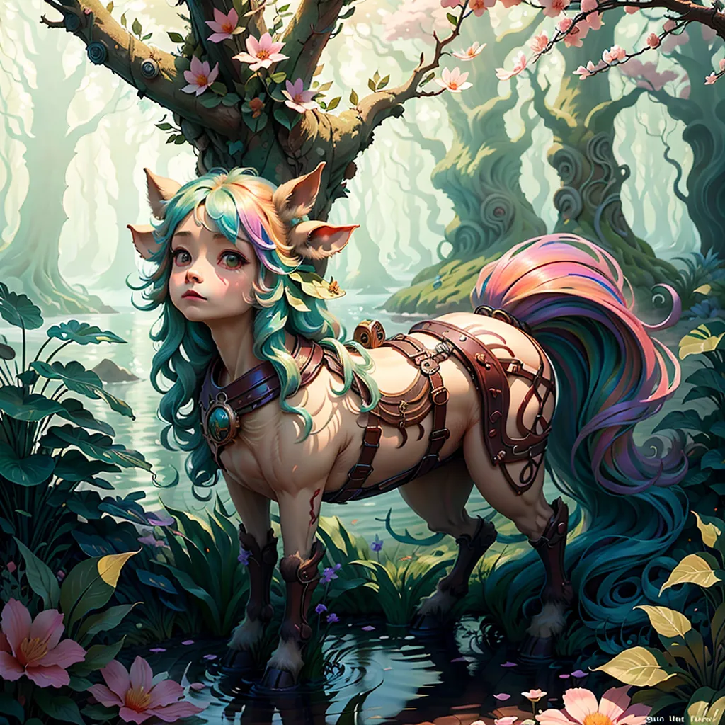 This image shows a centaur-like creature with the upper body of a woman and the lower body of a horse. The centaur is standing in a lush forest with green trees and pink flowers. The centaur is wearing a brown leather harness with metal buckles. The centaur has long green hair and a rainbow-colored tail. The centaur is standing in a river and is looking at the viewer with a curious expression on its face.