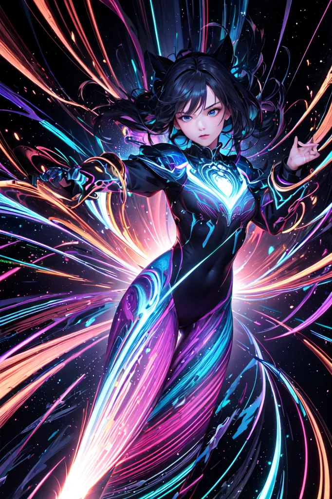 This is an image of a young woman with long black hair, blue eyes, and a futuristic outfit. She is standing in a dynamic pose, with her arms outstretched and her hair flowing behind her. She is surrounded by colorful streaks of light, which add to the sense of movement and energy in the image. The woman's expression is one of determination and focus, and she seems to be ready to face any challenge that comes her way. The image is set against a dark background, which makes the woman's figure stand out even more.