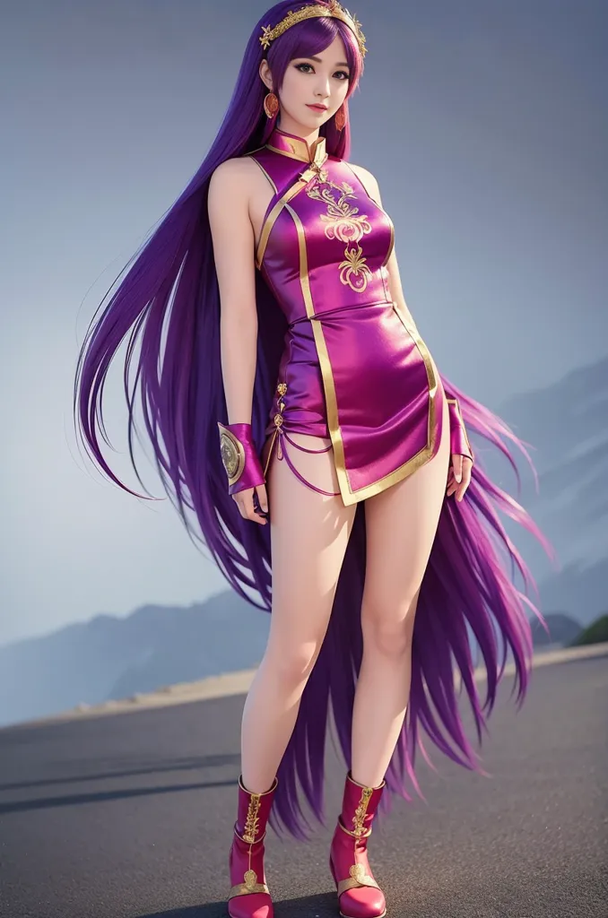 The image shows a young woman with long purple hair wearing a purple dress with gold trim. The dress is sleeveless and has a high collar. There is a gold belt around her waist. She is also wearing purple boots with gold trim. The woman is standing on a road with a mountainous landscape in the background.