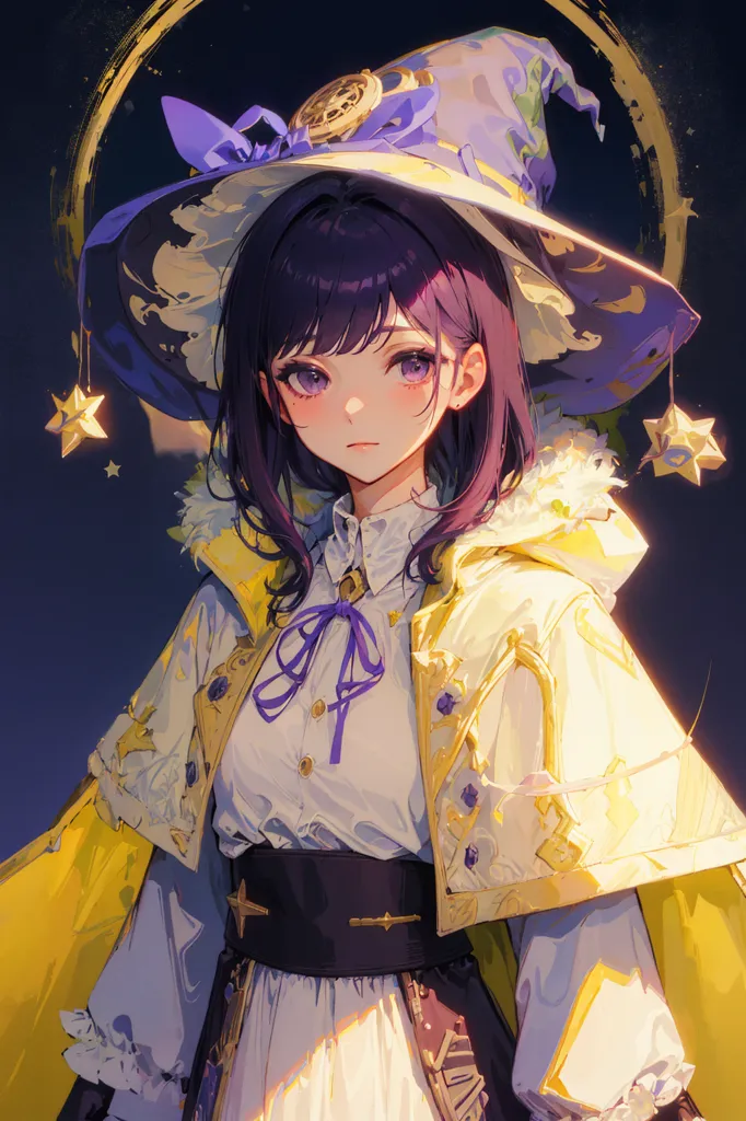 The image is of an anime-style girl with purple hair and purple eyes. She is wearing a white blouse, a purple corset, and a yellow cape with a white fur collar. She is also wearing a large purple hat with a white band and a crescent moon on the front. She is standing in front of a dark blue background with a crescent moon behind her. There are also stars and sparkles around her.