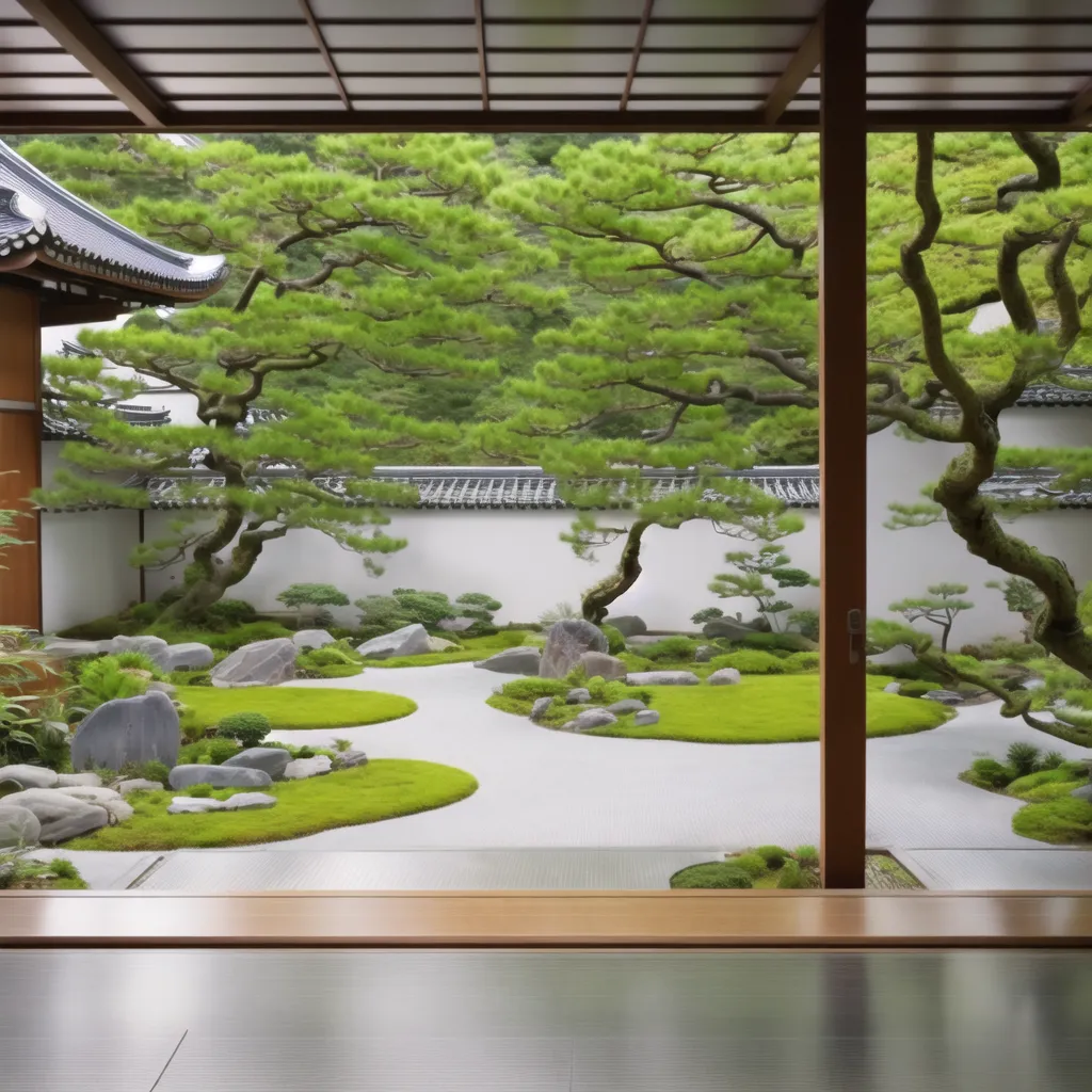 The image shows a beautiful Japanese garden with a raked sand and stone pattern, moss, and carefully placed rocks and trees. The garden is designed to be a place of peace and tranquility, and it is a popular spot for meditation and relaxation. The garden is surrounded by a wooden fence, and there is a large tree in the center. The trees are carefully trimmed and shaped, and the moss is a rich, green color. The garden is a beautiful and peaceful place, and it is a perfect place to escape the hustle and bustle of everyday life.