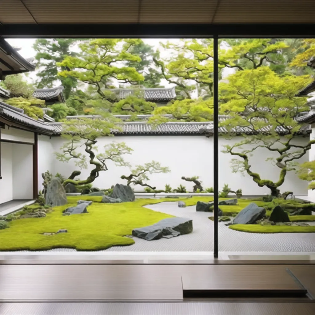 A imagem mostra um belo jardim japonês com muita grama verde e algumas rochas. O jardim é cercado por paredes brancas e há algumas árvores ao fundo. O jardim é muito pacífico e sereno.