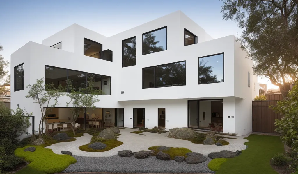 The image features a modern two-story house with a white exterior and large windows. The house is surrounded by a garden with a rock garden, trees, and bushes. The garden is designed in a Zen style with raked gravel and stone pathways. There is a large patio with an outdoor dining area. The house has a minimalist design with clean lines and simple forms. The interior of the house is not visible in the image.