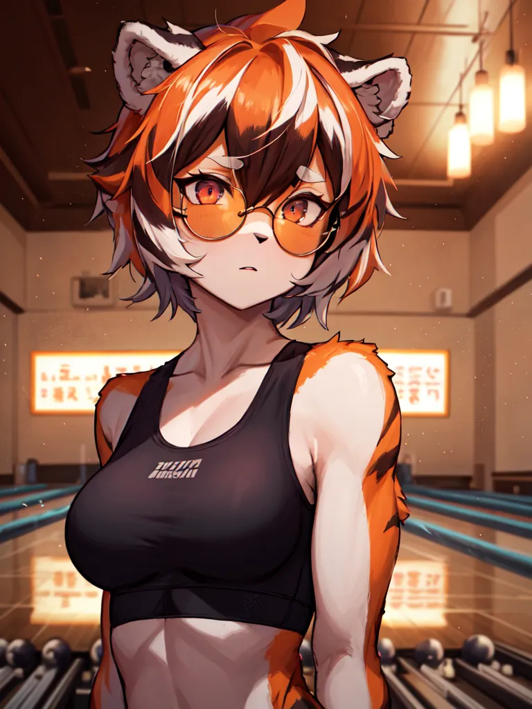 The image is a portrait of a young woman with tiger ears and orange hair. She is wearing a black sports bra and has a serious expression on her face. She is standing in a bowling alley, and there are bowling balls and pins in the background.
