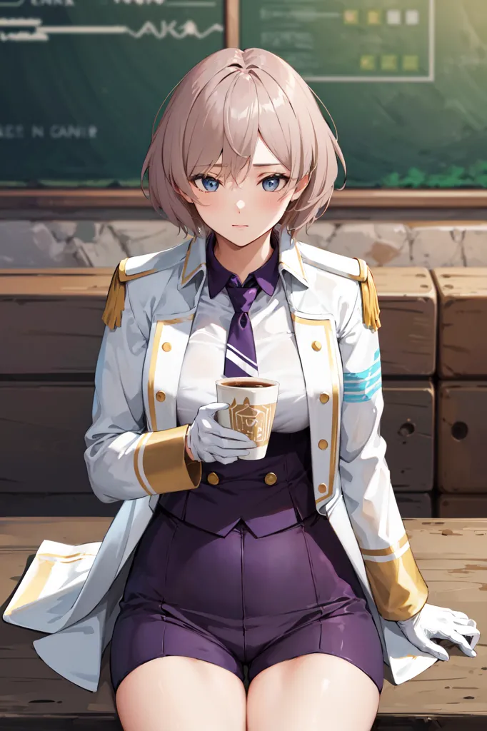 La imagen muestra a una mujer joven con el cabello corto y gris, y ojos púrpura. Lleva una chaqueta blanca de estilo militar con botones dorados y una corbata púrpura. También lleva un par de guantes blancos y una falda púrpura. Está sentada en un banco y sostiene una taza de café. Hay una pizarra detrás de ella.