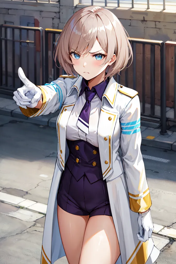 The image depicts a young woman in a white military-style outfit. She has short blonde hair and blue eyes. She is pointing her right index finger forward while looking to the left. She is wearing a white peaked cap, a black tie, and a white coat with gold buttons. There is a dark blue undershirt and purple shorts underneath the coat. She is also wearing white gloves. The background is a blurred street with a fence to the right.