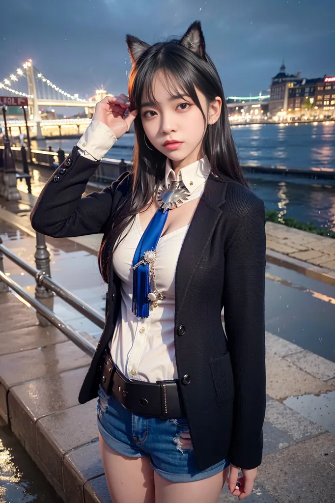 The image shows a young woman with long black hair and cat ears. She is wearing a white blouse, a black suit jacket, and blue jean shorts. She is also wearing a blue ribbon around her neck and a black belt with a silver buckle. She is standing on a bridge in front of a river at night. The city is in the background. The ground is wet from rain.