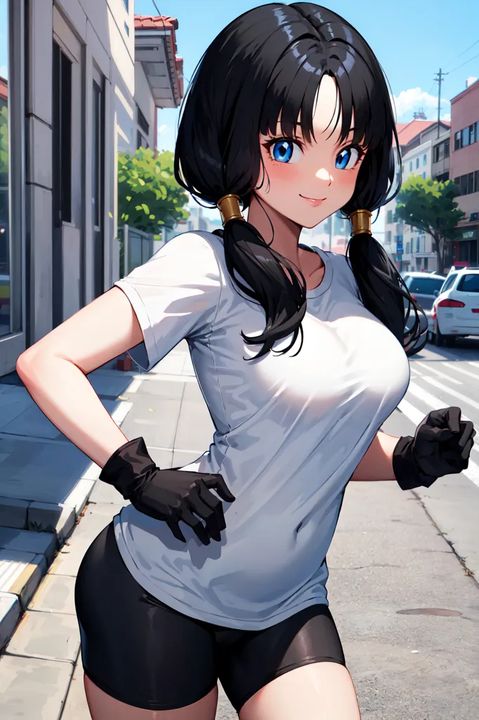 The image is of a young woman with long black hair and blue eyes. She is wearing a white t-shirt, black shorts, and black gloves. She is running down a city street, and she has a determined expression on her face. The background is of a city, with buildings, trees, and cars. The image is drawn in a realistic style, and the colors are vibrant and bright.