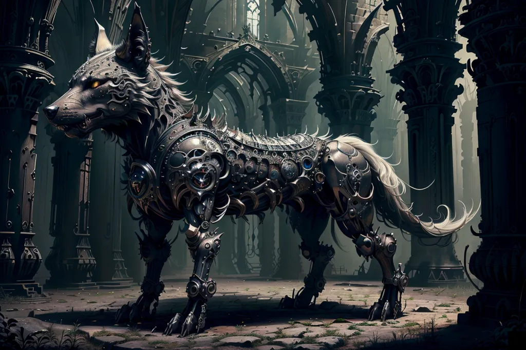The image is a digital painting of a steampunk wolf. The wolf is standing in a dark, ruined building. The wolf is mostly made of metal, with some organic material, and has a variety of steampunk accessories, including gears, rivets, and a clockwork heart. The wolf's fur is a mix of black and gray, and its eyes are a glowing yellow. The background of the image is a dark, ruined building, with large columns and arches. The floor is covered in rubble, and there is a large hole in the roof.