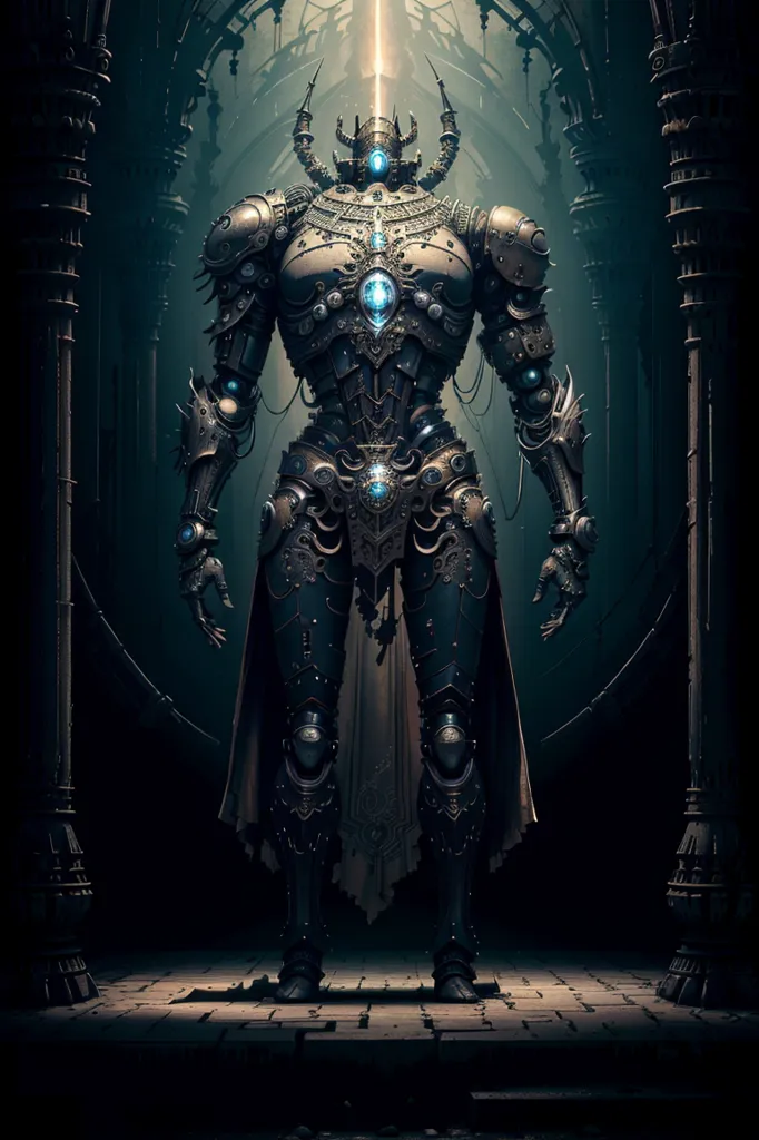 The image is a dark and mysterious figure standing in a grand hall. The figure is a steampunk robot, with a mix of mechanical and organic parts. It is wearing a suit of armor that is covered in intricate details and glowing blue lights. The robot's head is a skull with a glowing blue eye, and it has a large crown on its head. The hall is dark and shadowy, with large pillars lining the walls. There is a bright light coming from the top of the hall, which is illuminating the robot.