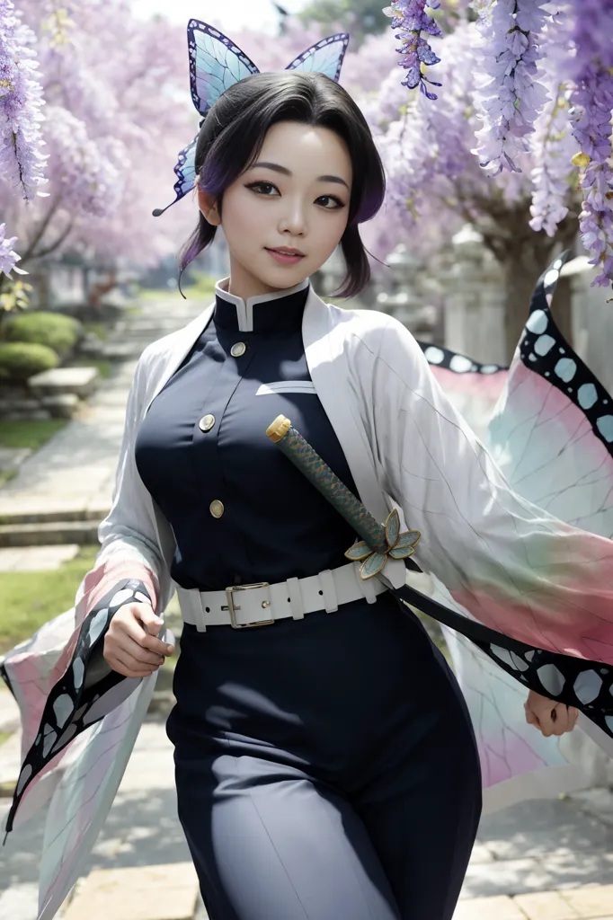 The picture shows a young woman dressed in a black and white outfit with a butterfly hairpin in her hair and a sword at her side. She is standing in a garden with pink flowers. The background is blurred.