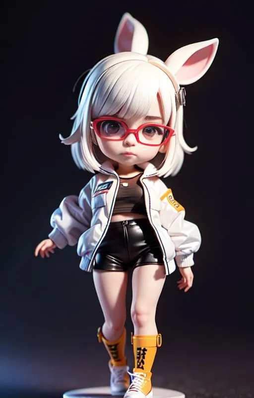 The image shows a figurine of a young girl with white hair and rabbit ears. She is wearing a white and yellow jacket, black shorts, and yellow and white sneakers. She is also wearing glasses and has a small backpack on her back. The figurine is standing on a small platform and is surrounded by a dark background.