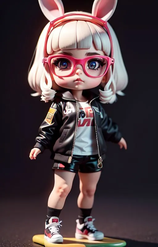 A imagem mostra uma renderização 3D de uma figurinha de uma menina jovem com cabelos brancos e orelhas de coelho rosa. Ela está usando óculos, uma jaqueta preta e shorts. Ela está em pé em uma prancha de skate. O fundo é preto.
