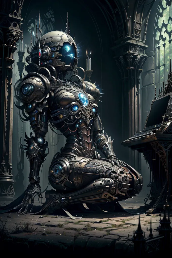 The image is a dark and gothic depiction of a robot kneeling in a church. The robot is made of metal and has glowing blue eyes. It is kneeling on the ground with its hands on its knees. There is a small laptop in front of it. The robot is wearing a dress made of metal. The background is dark and there are candles on the ground.