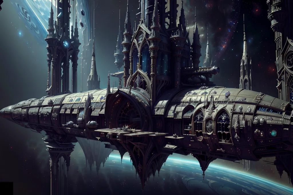The image is a dark and gothic spaceship. It is long and sleek, with a black hull and glowing blue windows. The ship is covered in intricate details, such as carvings and spikes. It has a large, ornate engine at the back, and several smaller engines on the sides. The ship is flying in space, with a planet in the background. The planet is blue and green, with a thick atmosphere. The ship is also surrounded by stars.