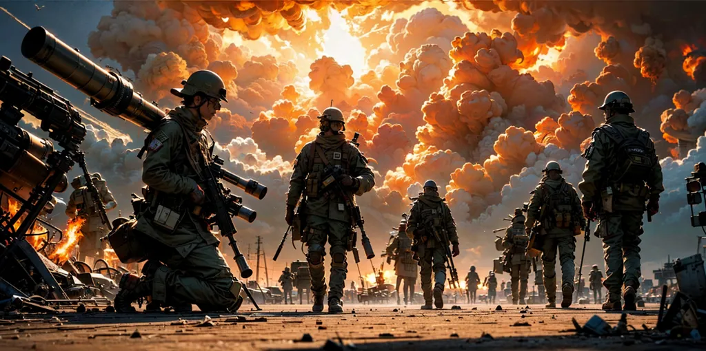 この画像には、戦闘地域を歩く一団の兵士が映っています。兵士たちは様々な武器を装備し、防護装備を身に着けています。画像の背景には大規模な爆発が起こっており、多くの煙と瓦礫が立ち上っています。兵士たちは決然とした様子で歩いており、任務に集中しているように見えます。この画像は、戦争の危険性と現実を力強く表現しています。