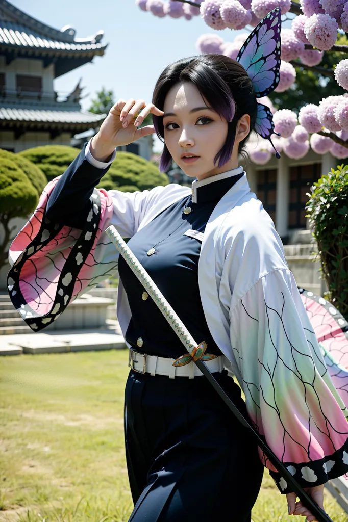 The image contains a young woman dressed in a black and white uniform with a butterfly pattern. She has a butterfly hairpin in her hair and is holding a sword. She is standing in a garden with a large tree with pink flowers behind her. There is a traditional Korean building in the background. The image is taken from a low angle, making the woman appear taller and more imposing. The colors in the image are vibrant and saturated, giving it a dreamlike quality.
