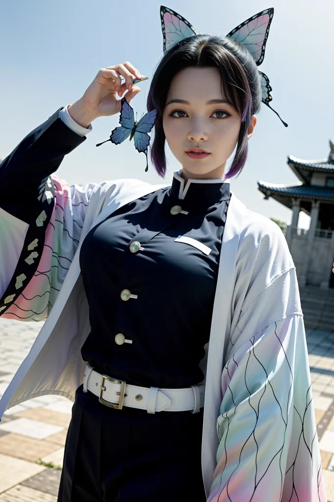 The image is a portrait of a young woman in a black and white kimono with a butterfly perched on her finger. She has long black hair and purple eyes, and she is wearing a white haori with a butterfly pattern. She is also wearing a black obi with a white butterfly pattern. The background is a blurred image of a traditional Japanese building.