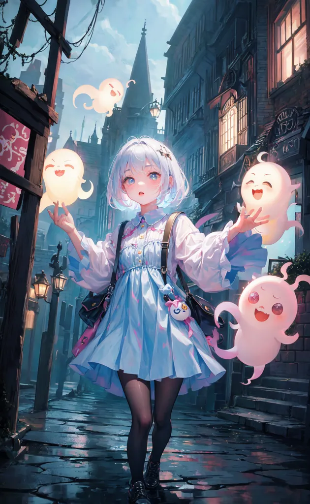 The image is a painting of a young girl with short white hair and blue eyes. She is wearing a blue dress with a white collar and black stockings. She is standing in a European-style street with her hands outstretched, and there are four small ghosts floating around her. The ghosts are all different colors and have different expressions on their faces. The girl has a smile on her face and looks happy to be surrounded by the ghosts. The painting is done in a realistic style and the colors are vibrant and bright. The image is full of movement and energy and the girl's expression is both happy and serene.