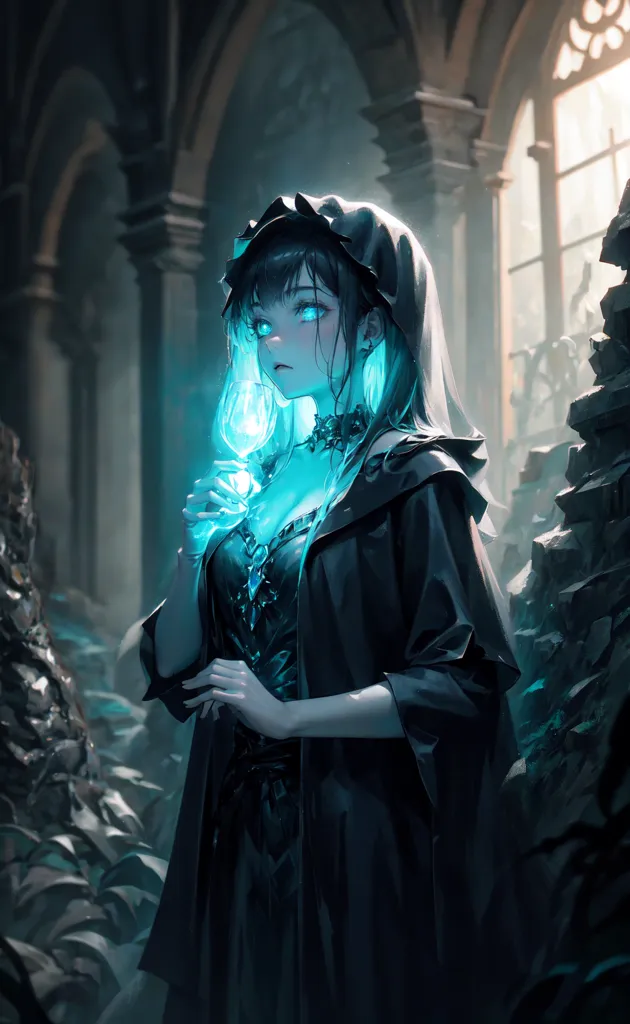 The image is a digital painting of a young woman in a dark blue cloak. She is standing in a dark room, with only a few rays of light shining through the windows. The woman is holding a glowing blue orb in her hands. She is looking at the orb with a curious expression on her face. The woman is wearing a black dress with a white collar. The dress is trimmed with blue lace. She is also wearing a black hood. The hood is lined with white fur. The woman's hair is long and black. It is flowing down her back in waves. The woman's eyes are blue. They are wide open and staring at the orb. The woman's skin is pale. It is almost translucent. The woman's lips are slightly parted. She is breathing heavily. The image is dark and mysterious. It is full of wonder and intrigue. The woman is a powerful sorceress, and she is about to cast a spell. The orb is a magical artifact, and it will help her to cast the spell. The spell will be powerful, and it will change the world forever.