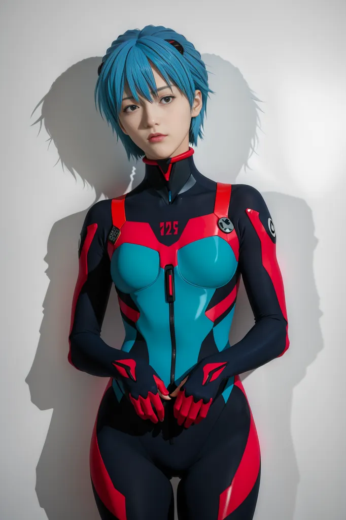 This is an image of a young woman with short blue hair, red eyes, and fair skin. She is wearing a black, red, and blue bodysuit with a high collar and a zipper in the front. The bodysuit has a pattern of red and blue stripes on the chest, and there is a number 125 on the left side of the chest. She is also wearing a pair of black gloves. She is standing with her feet shoulder-width apart, her hands clasped in front of her waist. She is looking at the camera with a serious expression.