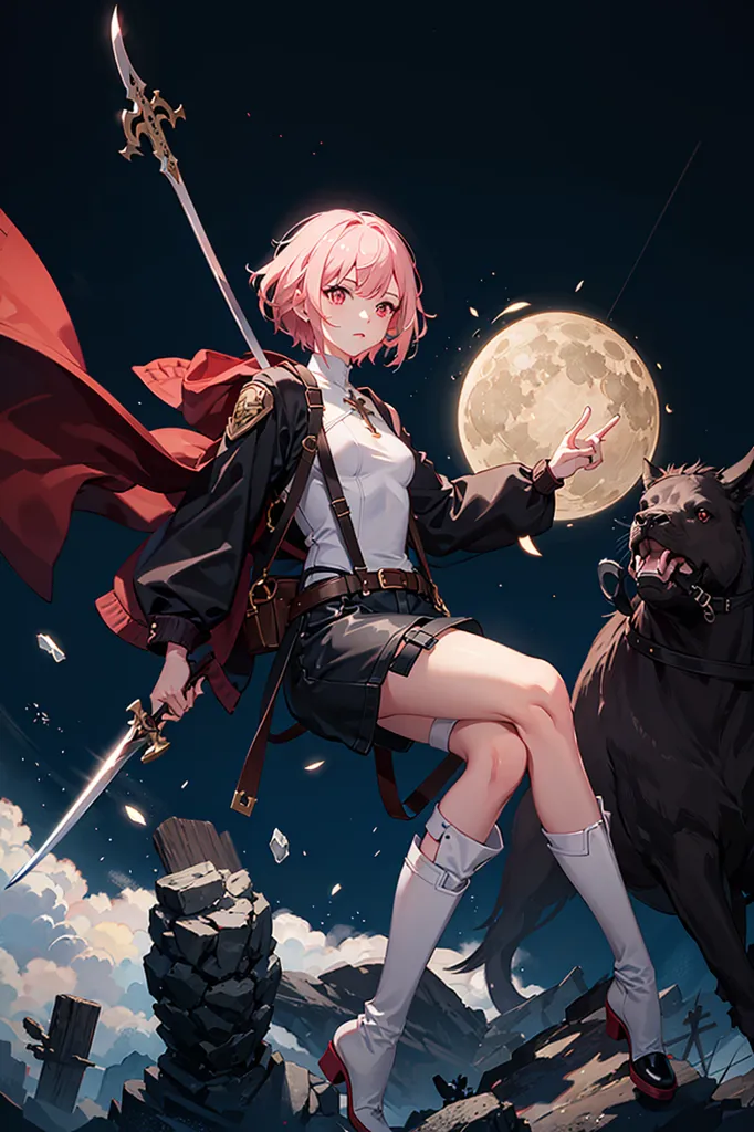 この画像は、ピンクの髪と赤い目をした、アニメ風の少女が描かれています。彼女は黒と白のアウトフィットに赤いマントを着ており、剣を持っています。大きな黒い犬が彼女の横に立っています。少女は破れた石の柱の上に立っており、その背景には大きな月と暗く曇った空が広がっています。