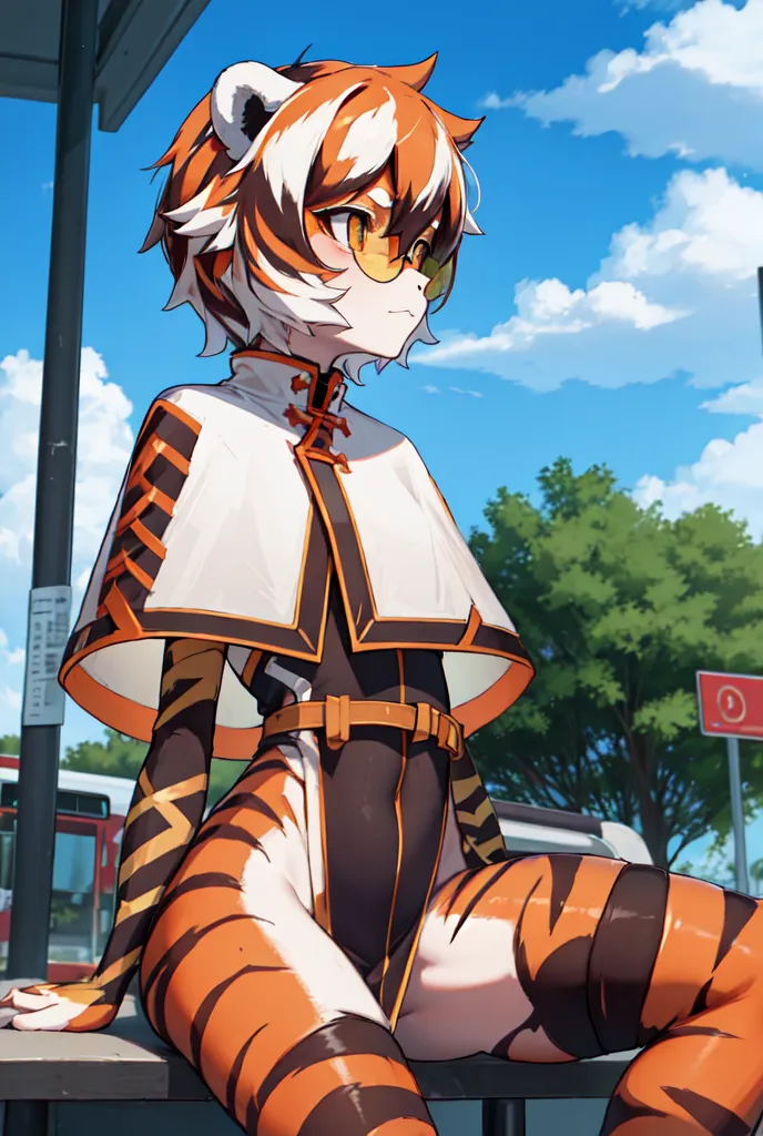 The image is of a young woman with tiger ears and orange hair. She is wearing a white and orange bodysuit and a brown belt. She is sitting on a railing in front of a bus stop. There are trees and buildings in the background. The sky is blue and there are some clouds.
