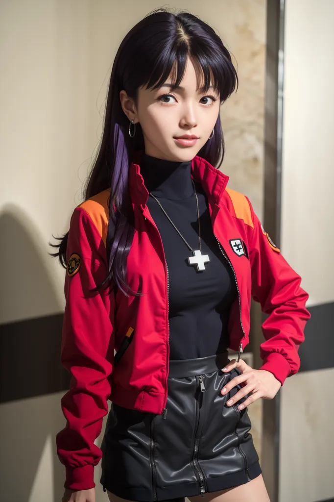 The photo shows a young woman with long purple hair. She is wearing a red jacket, black turtleneck, and black leather skirt. She has a cross necklace on and is standing with one hand on her hip.