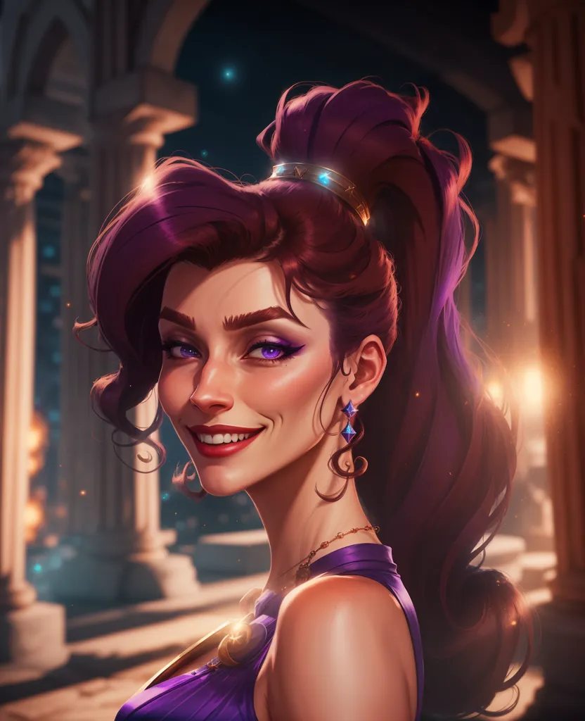 The image shows a woman with long purple hair, purple eyeshadow, and a purple dress. She is smiling and looking at the viewer. She is wearing a gold headband and gold earrings. There are two blue gems on her headband and two blue gems on her earrings. She is standing in a hallway with columns. The background is blurry, but it looks like there is a statue in the distance.