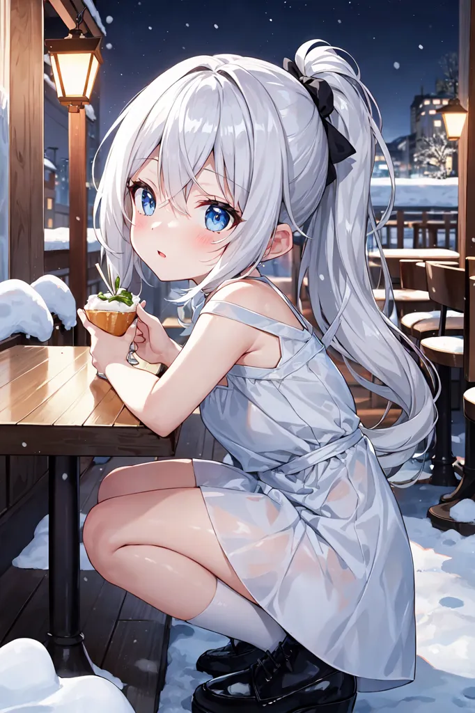 The image is of an anime girl with white hair and blue eyes. She is wearing a white dress and black boots. She is sitting on a chair at a table outside. There is a lantern on the table, and it is snowing. The girl is holding a cup of something, and she has a surprised expression on her face.