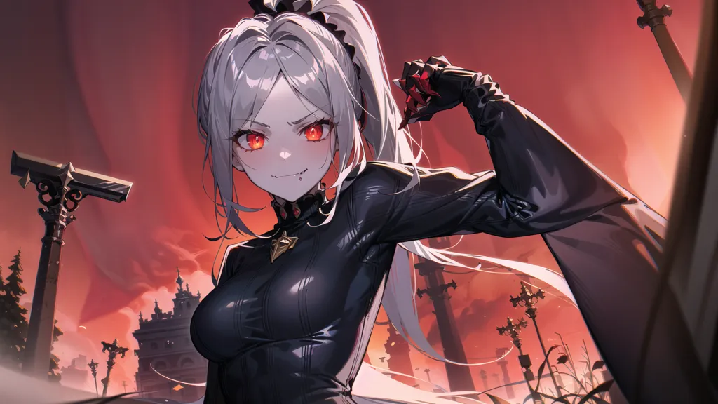 The image is a painting of a young woman with long white hair and red eyes. She is wearing a black leather outfit and has a smug expression on her face. She is standing in front of a red background with a cityscape in the distance. The painting is done in a realistic style and the woman is depicted in great detail.