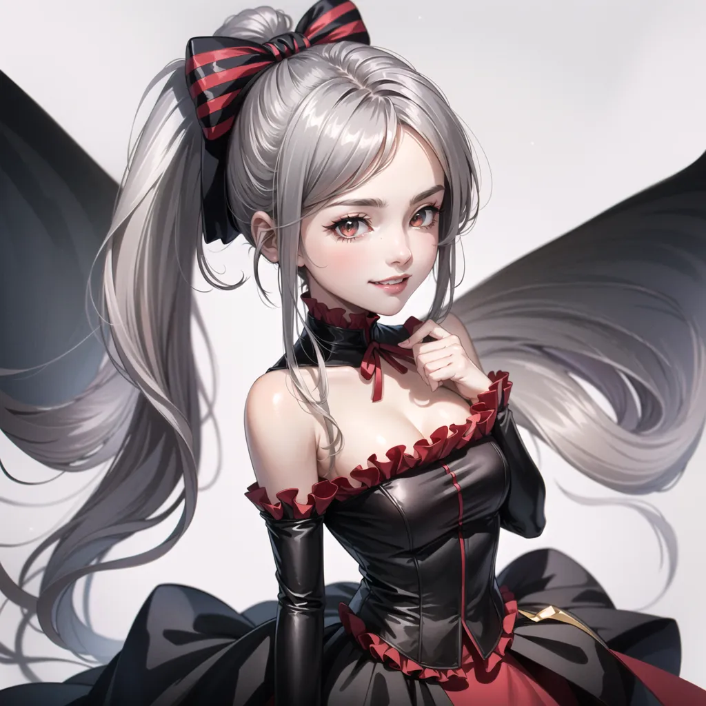 L'image représente une belle jeune fille d'anime aux longs cheveux argentés et aux yeux rouges. Elle porte une robe gothique noire et rouge avec un grand nœud rouge dans ses cheveux. Elle a un sourire doux sur son visage et regarde le spectateur. Elle a des ailes de diable noires.